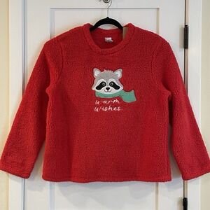 Holiday Time Christmas Ugly Sweater Fleece RACCOON L‎ 12 14 Stretch COMFY Cozy